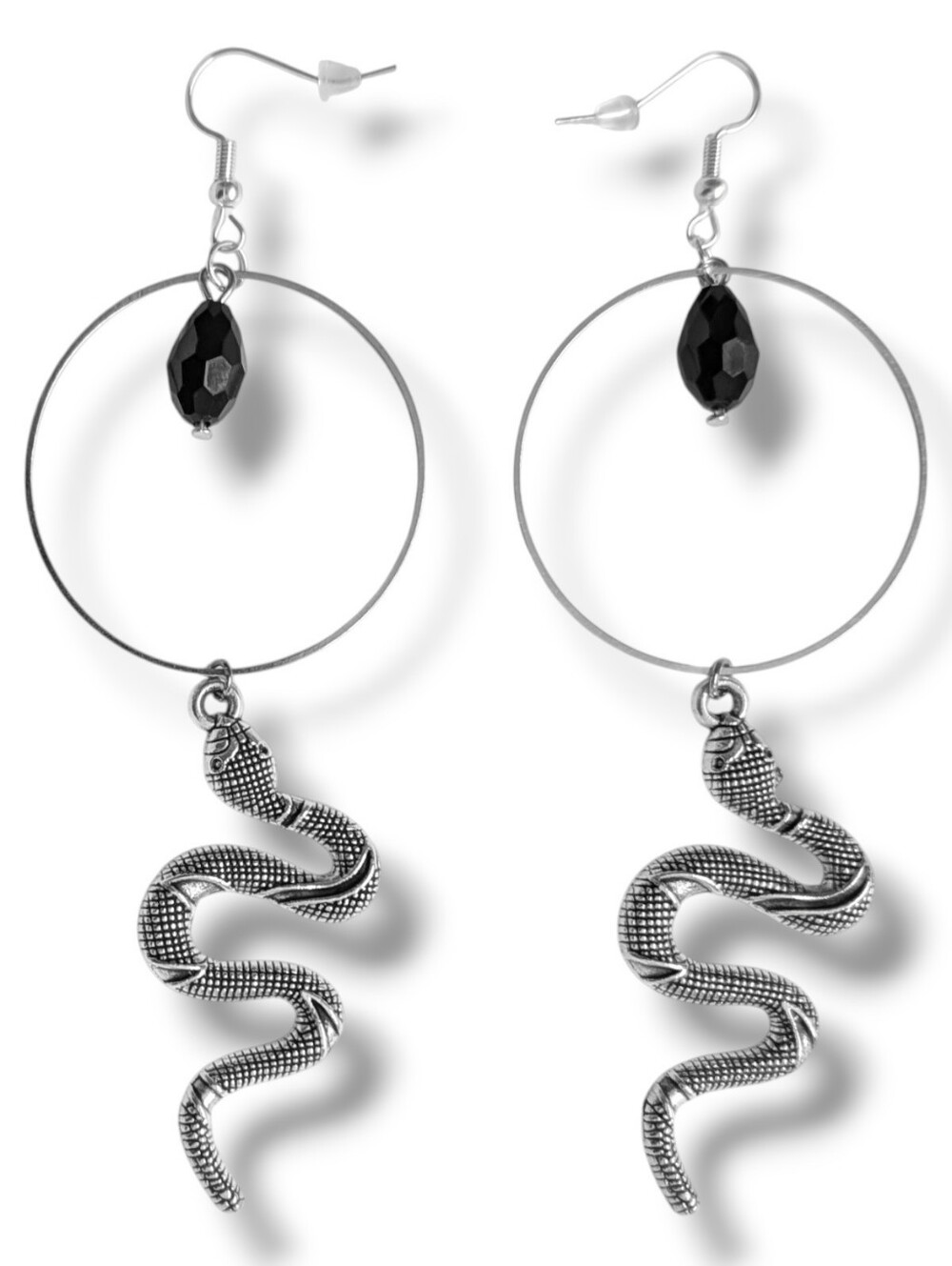 NWT Handmade Silver Snake Hoop and Black Gemstone Dangly Earrings